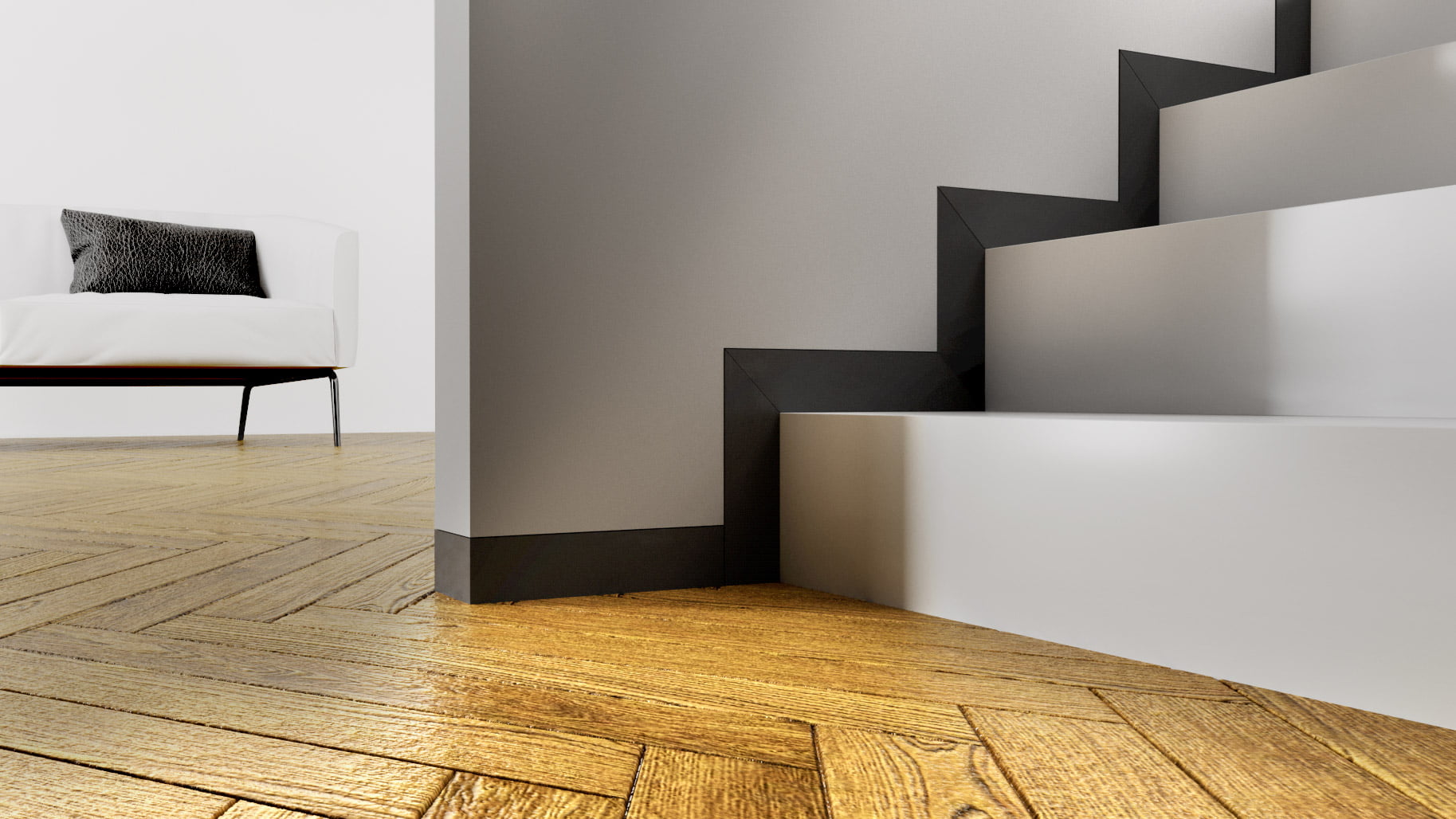 Skrytá soklová - podlahová lišta LINUS použití na schodišti